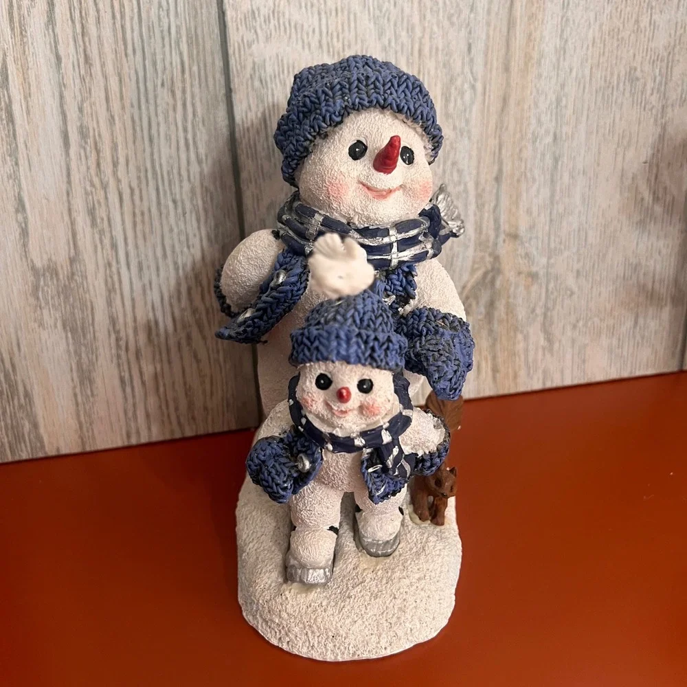 Snowman Buddy Family Ice Skating Figurine Blue Knit Sweaters Squirrel Bird